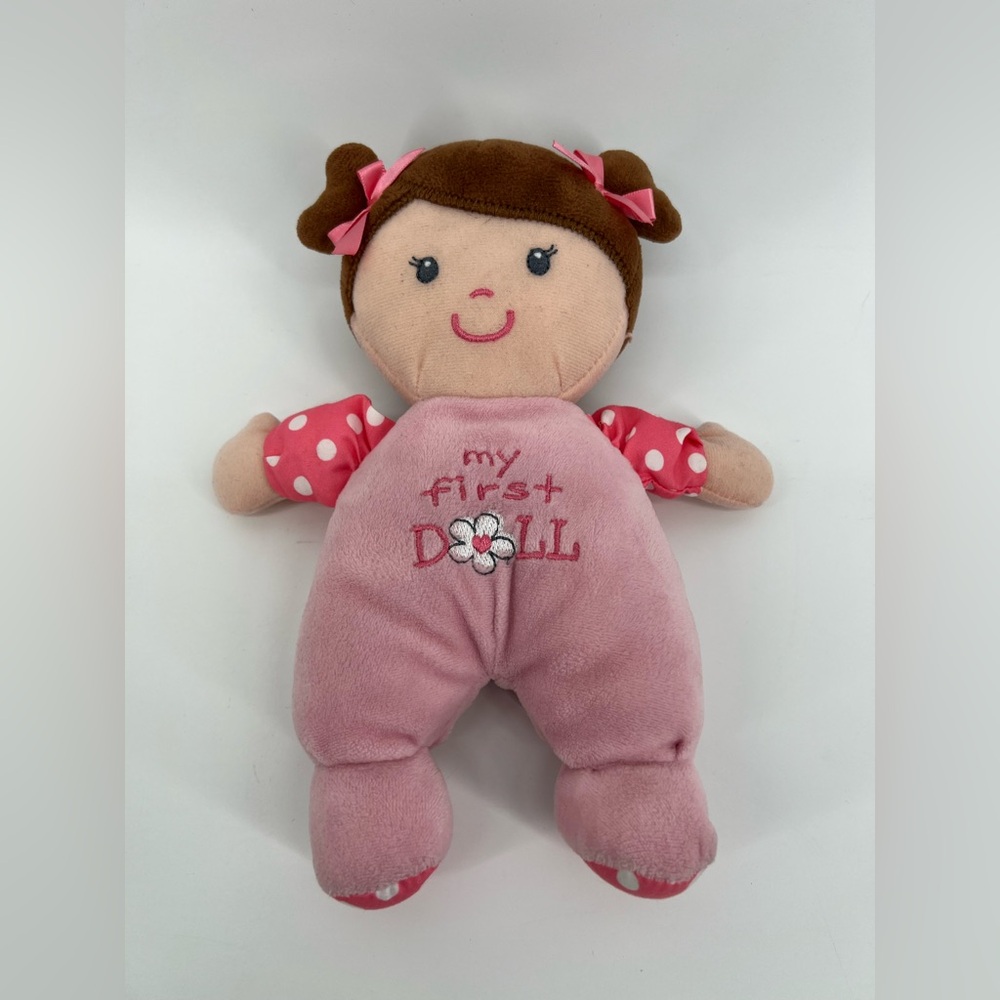 BABY STARTERS 2018 MY FIRST DOLL BROWN HAIR PINK STUFFED plush rattle toy